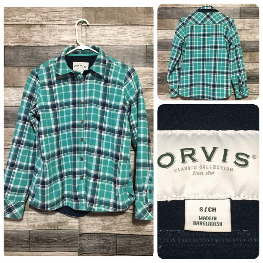 Orvis Fleece Lined Flannel Shirt Jacket Women’s S Blue Green Snap Button